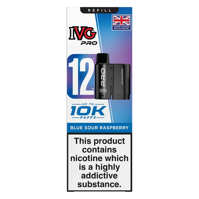 IVG Pro 12 prefilled vape pods in Blue Sour Raspberry flavor, offering a refreshing mint taste with a convenient disposable design
