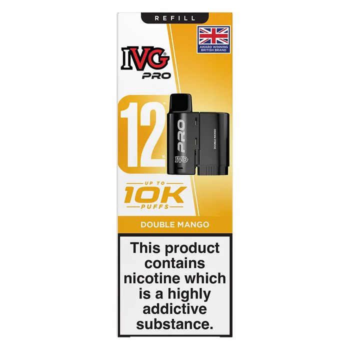 IVG Pro 12 prefilled vape pods in Double Mango flavor, offering a refreshing mint taste with a convenient disposable design