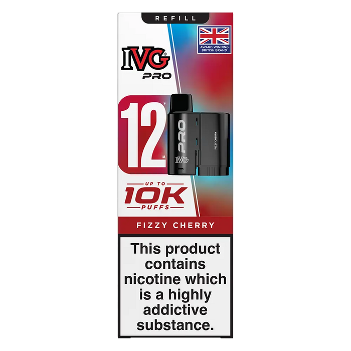 IVG Pro 12 prefilled vape pods in Fizzy Cherry flavor, offering a refreshing mint taste with a convenient disposable design