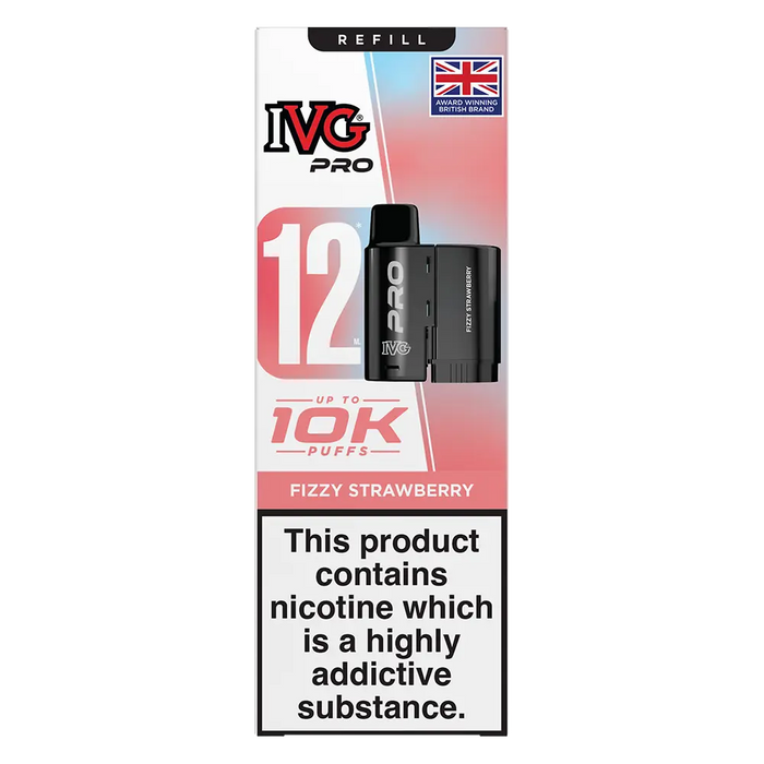 IVG Pro 12 prefilled vape pods in Fizzy Strawberry flavor, offering a refreshing mint taste with a convenient disposable design