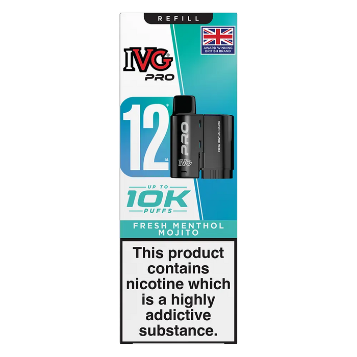 IVG Pro 12 prefilled vape pods in Fresh Menthol Mojito flavor, offering a refreshing mint taste with a convenient disposable design
