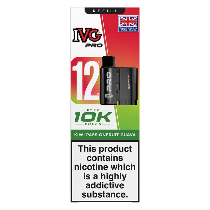 IVG Pro 12 prefilled vape pods in Kiwi Passionfruit Guava flavor, offering a refreshing mint taste with a convenient disposable design