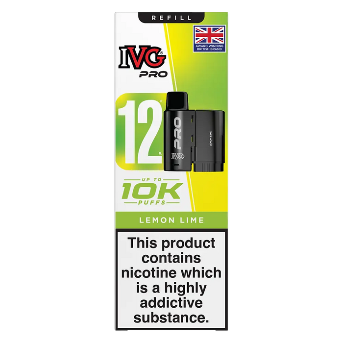IVG Pro 12 prefilled vape pods in Lemon Lime flavor, offering a refreshing mint taste with a convenient disposable design