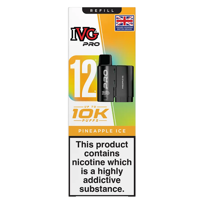IVG Pro 12 prefilled vape pods in Pineapple Ice flavor, offering a refreshing mint taste with a convenient disposable design