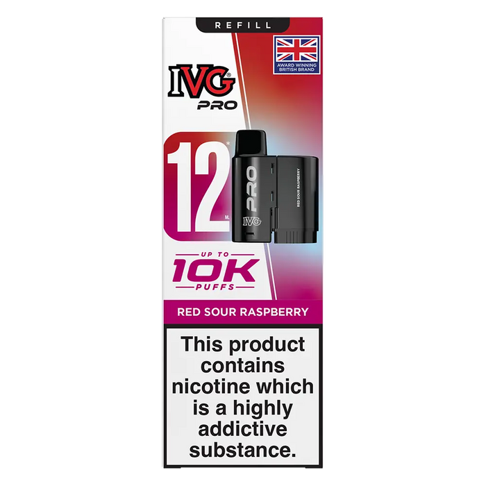 IVG Pro 12 prefilled vape pods in Red Sour Raspberry flavor, offering a refreshing mint taste with a convenient disposable design