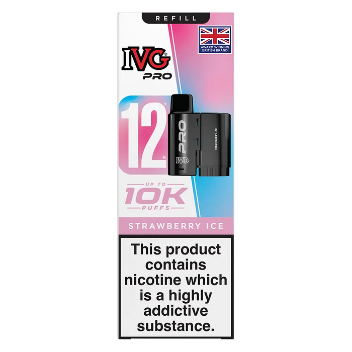 IVG Pro 12 prefilled vape pods in Strawberry Ice flavor, offering a refreshing mint taste with a convenient disposable design