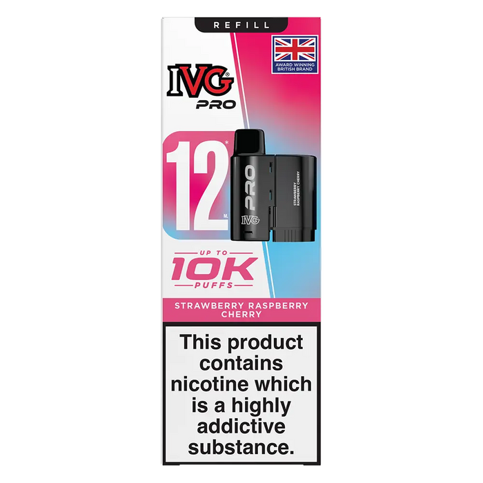IVG Pro 12 prefilled vape pods in Strawberry Raspberry Cherry flavor, offering a refreshing mint taste with a convenient disposable design