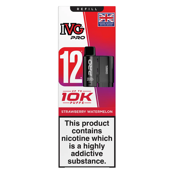 IVG Pro 12 prefilled vape pods in Strawberry Watermelon flavor, offering a refreshing mint taste with a convenient disposable design