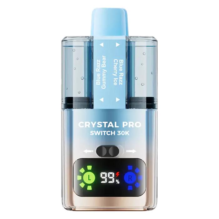 Crystal Pro Switch 30K Prefilled Pod Kit in Blue Razz Gummey Bear/Blue Razz Cherry Ice flavor – versatile vape device with up to 30,000 puffs.