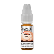 A bottle of ELFBAR ElfLiq Nic Salts e-liquid in Peach Ice flavor, containing 10ml of liquid with a nicotine content warning label.