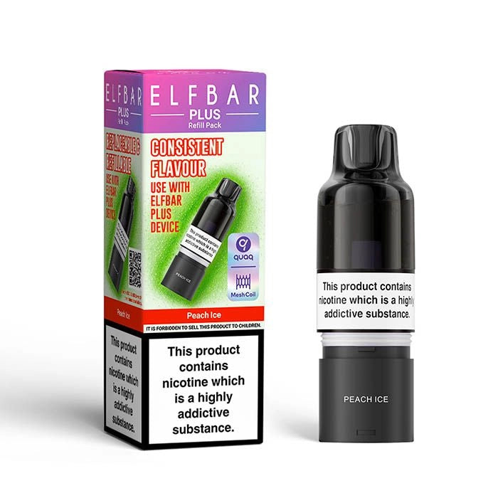 Elf Bar Plus 12 Prefilled Pod & Refill in peach ice – rechargeable vape with a 2ml prefilled pod, 8ml refill container, and 0.8Ω QUAQ mesh coil.