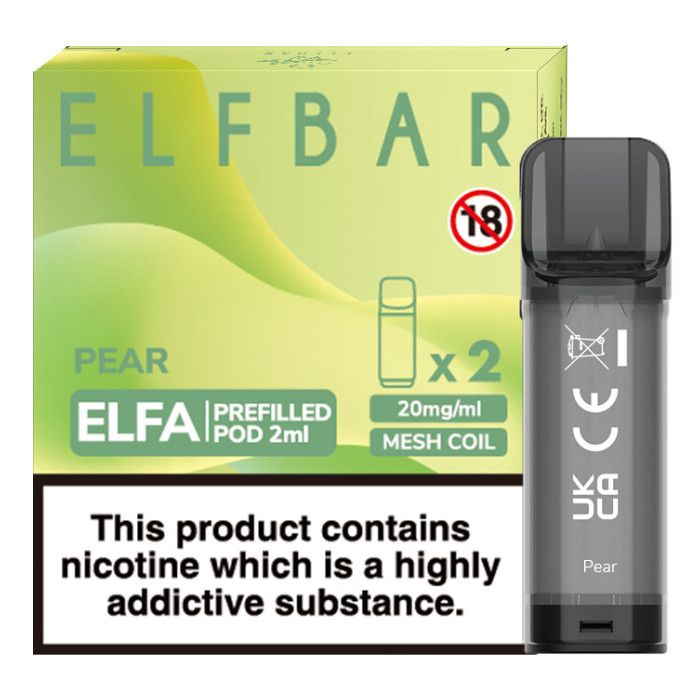 Elf Bar Elfa prefilled pod in Pear flavor, delivering a crisp and juicy pear taste, designed for use with the Elf Bar Elfa device for a smooth and refreshing vaping experience.