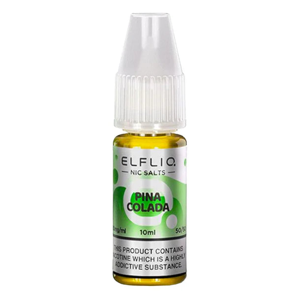 A bottle of ELFBAR ElfLiq Nic Salts - Pina Colada e-liquid, 10ml size, with labeling indicating the product contains nicotine, which is highly addictive.