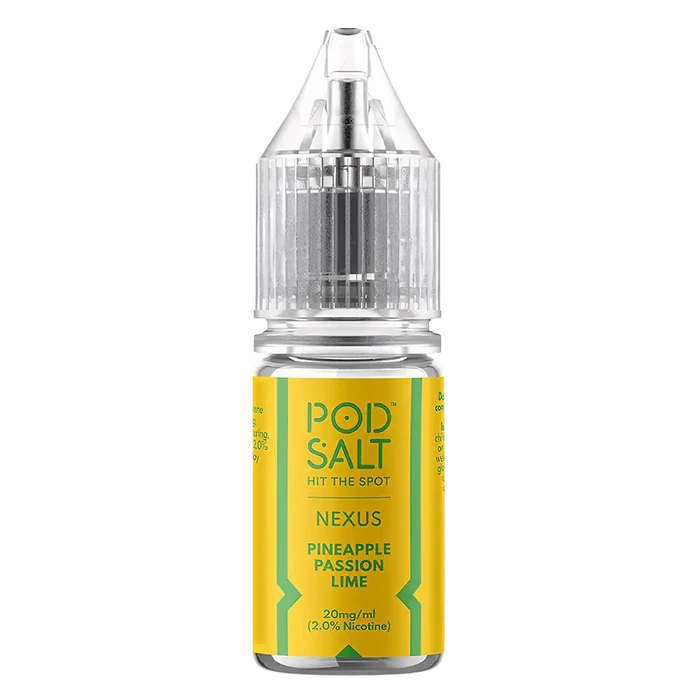 10 × Nexus Pod Salt Vape Juice Nic Salts 50/50 in Pineapple Passion Lime – a ten-bottle set of pre-mixed nic salt e‑liquids in 50/50 VG/PG ratio, featuring a smooth, all-day nicotine delivery.