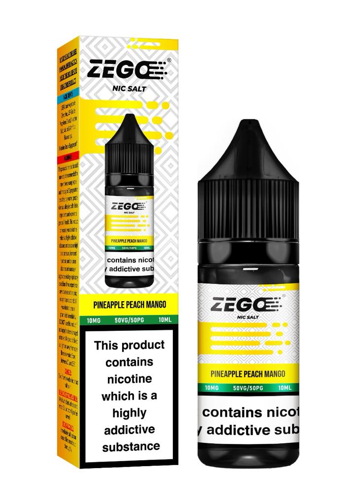 10ml bottle of Zego Nic Salt E-Liquid in Pineapple Peach Mango flavor, available in 10mg and 20mg nicotine strengths, crafted for smooth throat hits with pod vape kits.