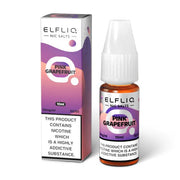 A bottle of Elf Bar ElfLiq Nic Salt E-Liquid with Pink Grapefruit flavor. The label shows the brand name, flavor, and nicotine strength options.