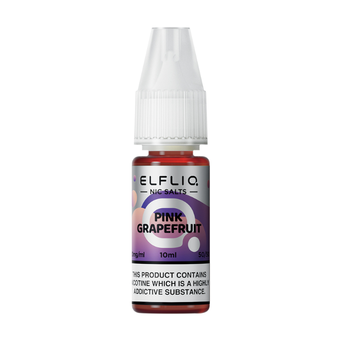 A bottle of Elf Bar ElfLiq Nic Salt E-Liquid with Pink Grapefruit flavor. The label shows the brand name, flavor, and nicotine strength options.