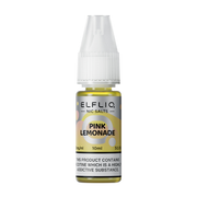 A product packaging for Elf Bar ElfLiq Pink Lemonade Nic Salt Vape Juice, indicating 10ml volume, nicotine content, and brand logo.