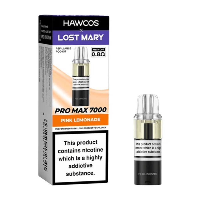 HAWCOS x Lost Mary Pro Max 7000 Pink Lemonade prefilled pod kit with high-capacity rechargeable device