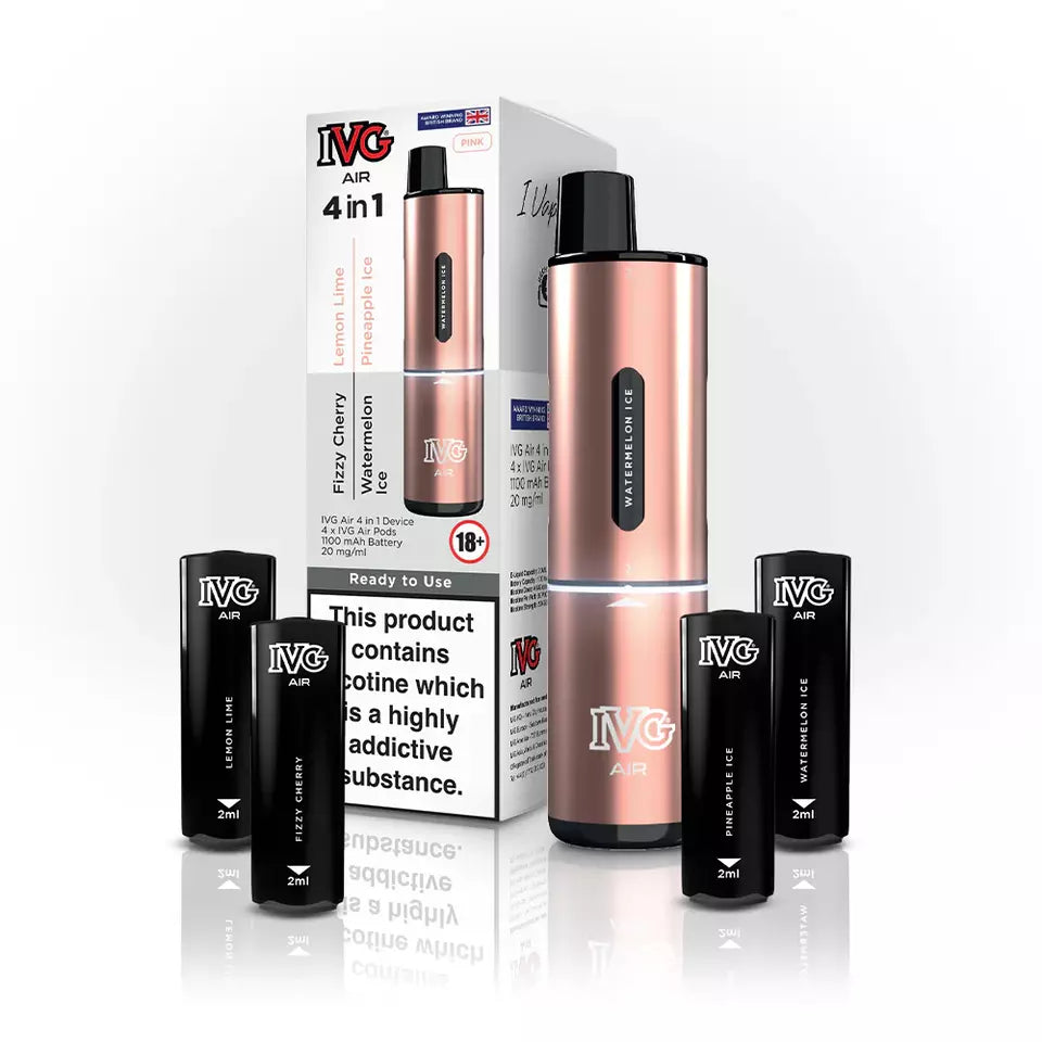IVG 2400 AIR 4-in-1 starter kit disposable vape in Pink, featuring four interchangeable 2ml pods, up to 2400 puffs, compact ergonomic design, and easy draw-activation for a convenient all-in-one vaping experience.