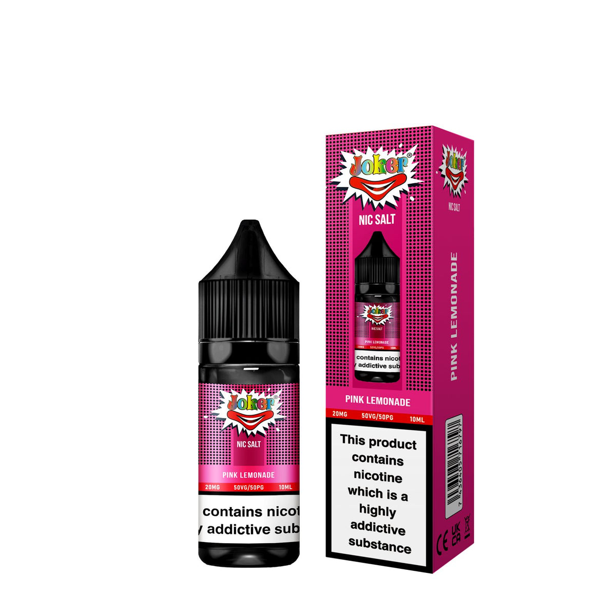 10ml bottle of Joker Nic Salts E-Liquid in Pink Lemonade flavor, smooth nicotine salt formula designed for a satisfying throat hit, ideal for use with refillable pod vape kits.