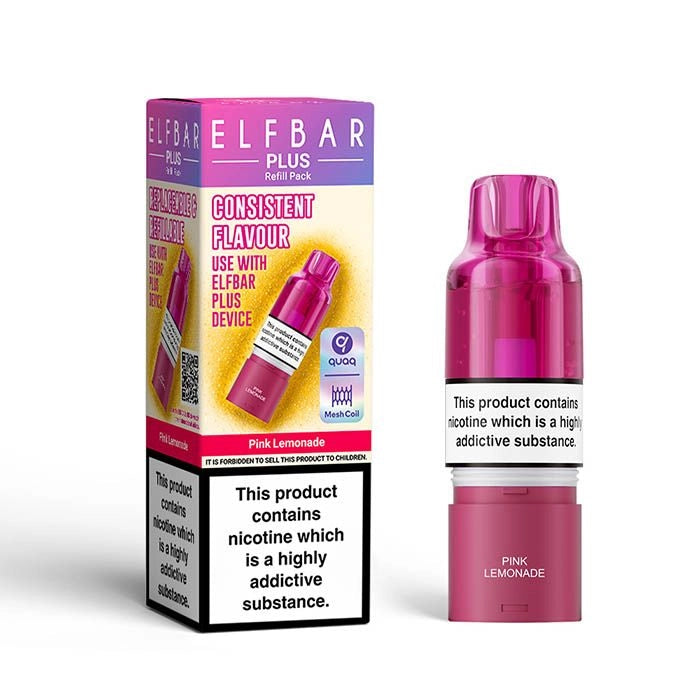 Elf Bar Plus 12 Prefilled Pod & Refill in pink lemonade – rechargeable vape with a 2ml prefilled pod, 8ml refill container, and 0.8Ω QUAQ mesh coil.