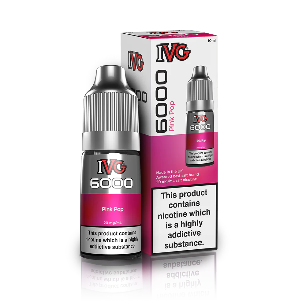 10ml bottle of IVG 6000 Nicotine Salt Vape Juice in Pink Pop flavor, blending crisp green apple with an icy menthol twist; available in 10mg and 20mg strengths, featuring a smooth nic salt formula perfect for pod kits and mouth-to-lung vaping.