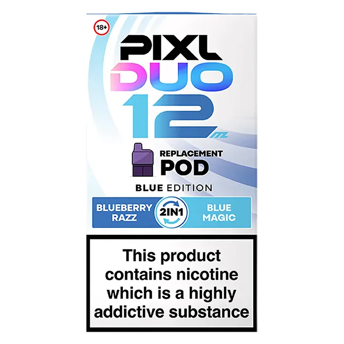 Pixl Duo 12 Prefilled Pods in Blue Edition – pack of prefilled pods with 2ml e-liquid capacity, designed for use with the Pixl Duo pod kit.