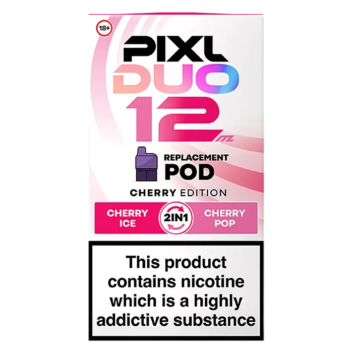 Pixl Duo 12 Prefilled Pods in Cherry Edition – pack of prefilled pods with 2ml e-liquid capacity, designed for use with the Pixl Duo pod kit.