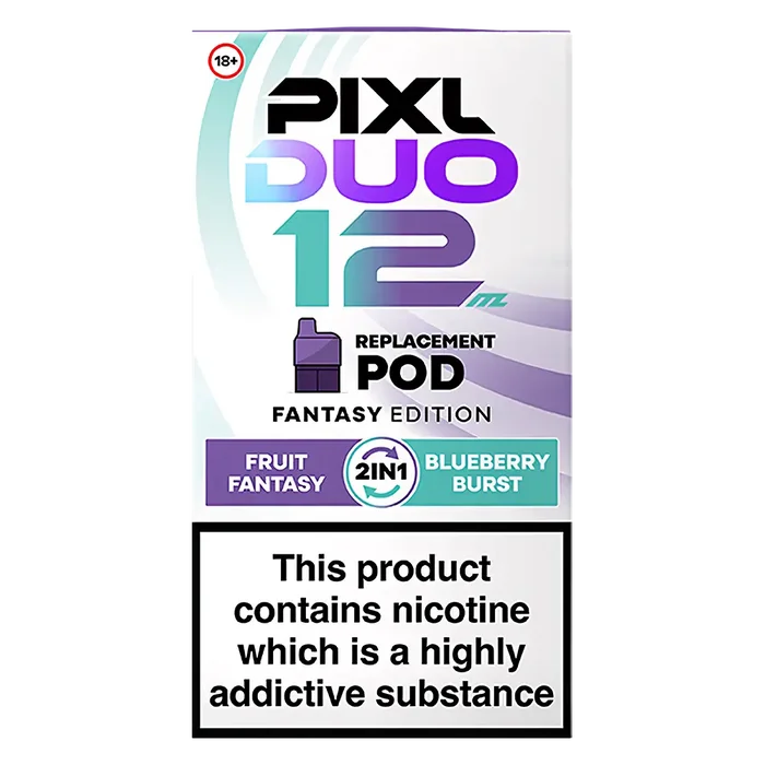Pixl Duo 12 Prefilled Pods in Fantasy Edition – pack of prefilled pods with 2ml e-liquid capacity, designed for use with the Pixl Duo pod kit.