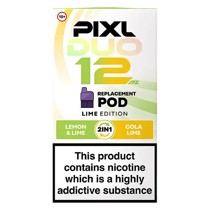 Pixl Duo 12 Prefilled Pods in Lime Edition – pack of prefilled pods with 2ml e-liquid capacity, designed for use with the Pixl Duo pod kit.