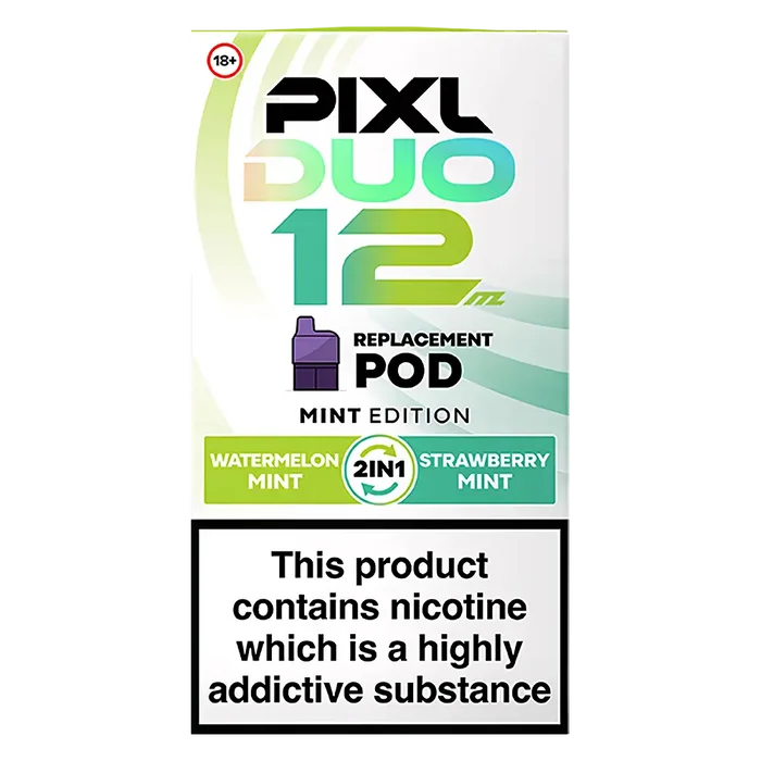 Pixl Duo 12 Prefilled Pods in Mint Edition – pack of prefilled pods with 2ml e-liquid capacity, designed for use with the Pixl Duo pod kit.