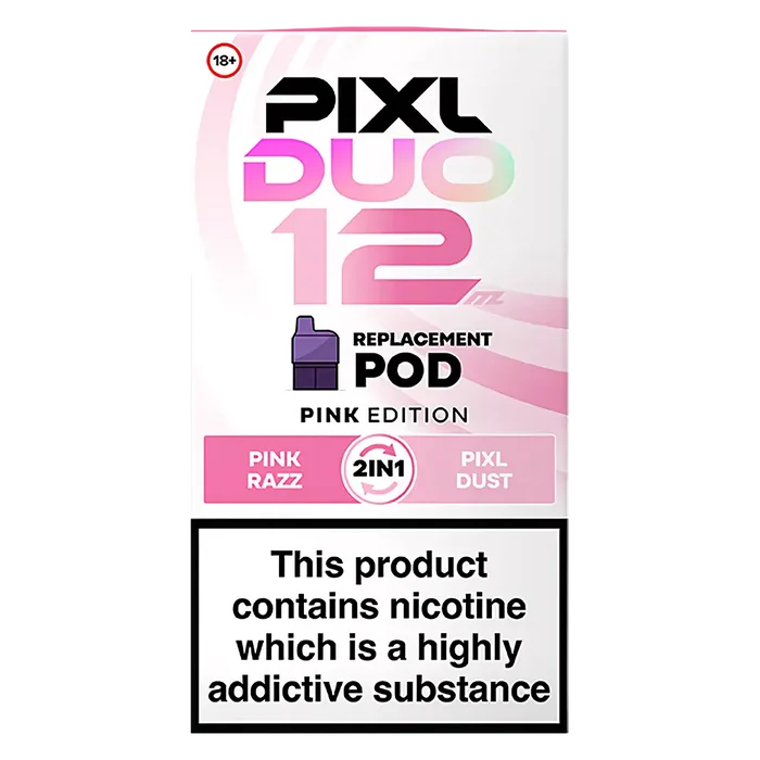 Pixl Duo 12 Prefilled Pods in Pink Edition – pack of prefilled pods with 2ml e-liquid capacity, designed for use with the Pixl Duo pod kit.