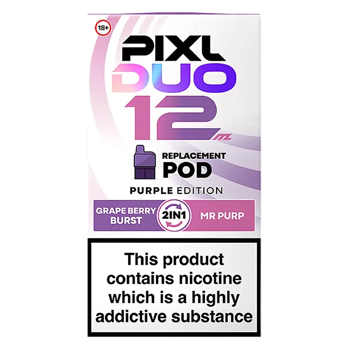 Pixl Duo 12 Prefilled Pods in Purple Edition – pack of prefilled pods with 2ml e-liquid capacity, designed for use with the Pixl Duo pod kit.