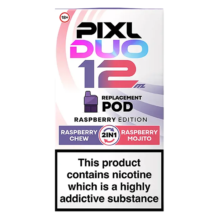 Pixl Duo 12 Prefilled Pods in Raspberry Edition – pack of prefilled pods with 2ml e-liquid capacity, designed for use with the Pixl Duo pod kit.