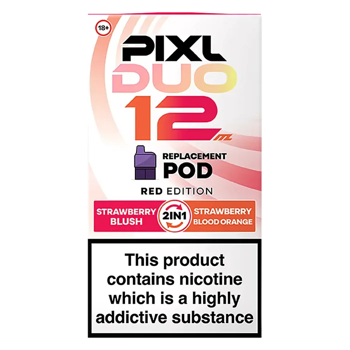 Pixl Duo 12 Prefilled Pods in Red Edition – pack of prefilled pods with 2ml e-liquid capacity, designed for use with the Pixl Duo pod kit.