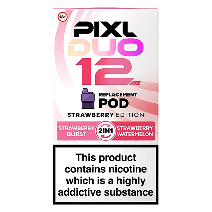 Pixl Duo 12 Prefilled Pods in Strawberry Edition – pack of prefilled pods with 2ml e-liquid capacity, designed for use with the Pixl Duo pod kit.