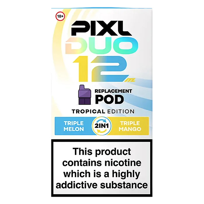 Pixl Duo 12 Prefilled Pods in Tropical Edition – pack of prefilled pods with 2ml e-liquid capacity, designed for use with the Pixl Duo pod kit.