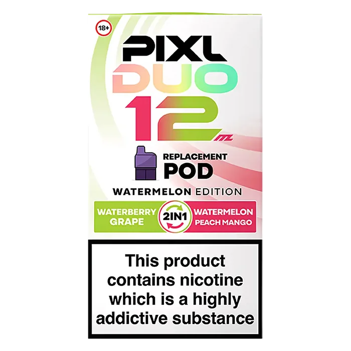 Pixl Duo 12 Prefilled Pods in Watermelon Edition – pack of prefilled pods with 2ml e-liquid capacity, designed for use with the Pixl Duo pod kit.