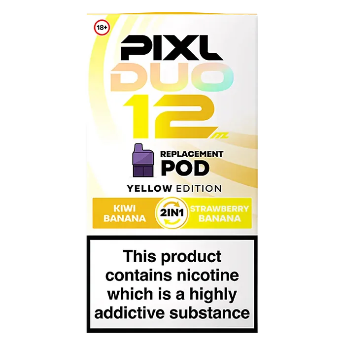Pixl Duo 12 Prefilled Pods in Yellow Edition – pack of prefilled pods with 2ml e-liquid capacity, designed for use with the Pixl Duo pod kit.
