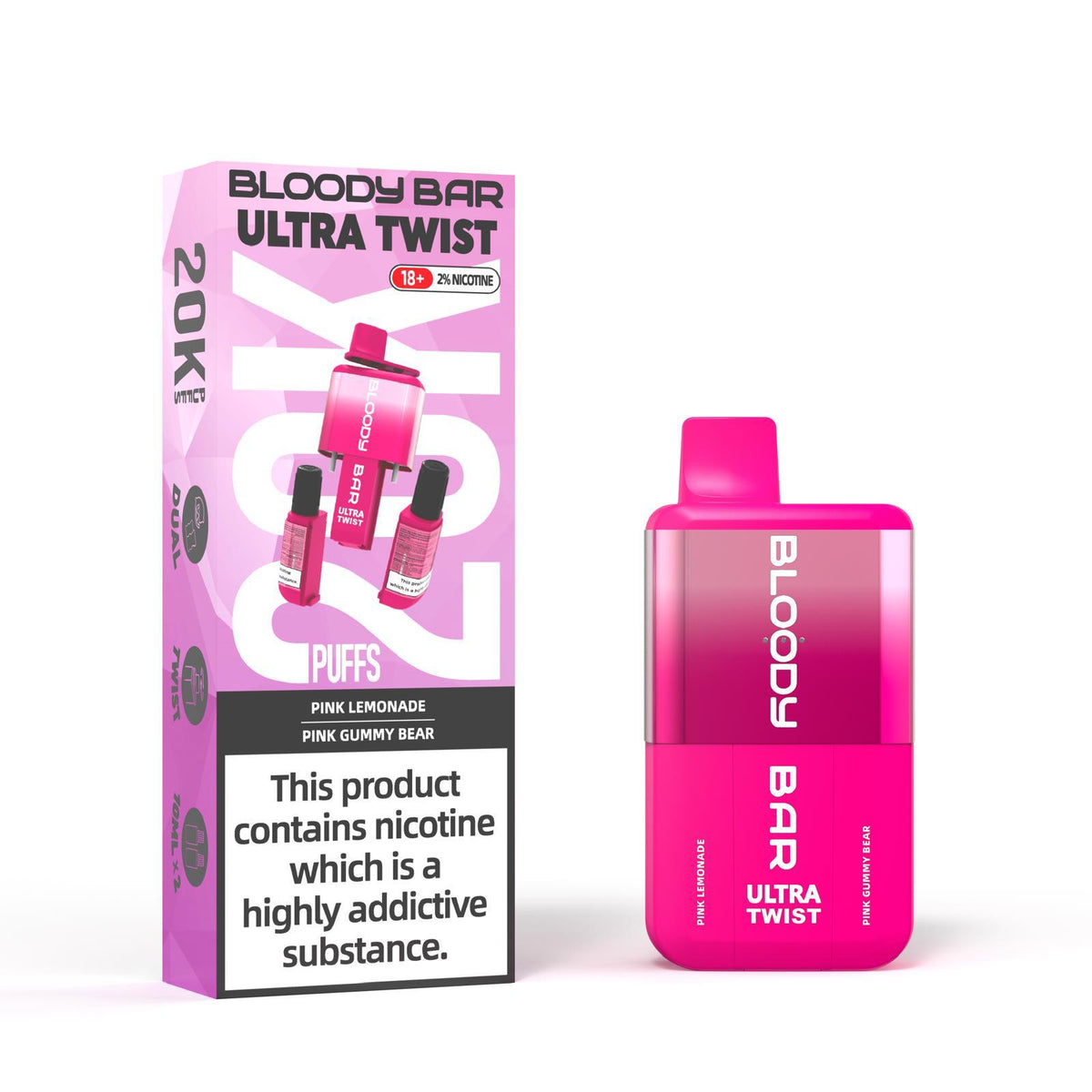 Bloody Bar Ultra Twist Disposable Vape – 20,000 puffs, available in Pink Lemonade or Pink Gummy Bear flavors.