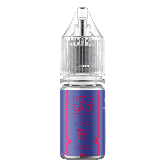 10 × Nexus Pod Salt Vape Juice Nic Salts 50/50 in grape Berry Burst – a ten-bottle set of pre-mixed nic salt e‑liquids in 50/50 VG/PG ratio, featuring a smooth, all-day nicotine delivery.