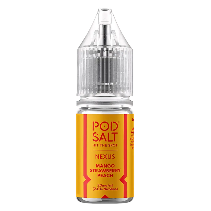 10 × Nexus Pod Salt Vape Juice Nic Salts 50/50 in Mango Strawberry Peach – a ten-bottle set of pre-mixed nic salt e‑liquids in 50/50 VG/PG ratio, featuring a smooth, all-day nicotine delivery.
