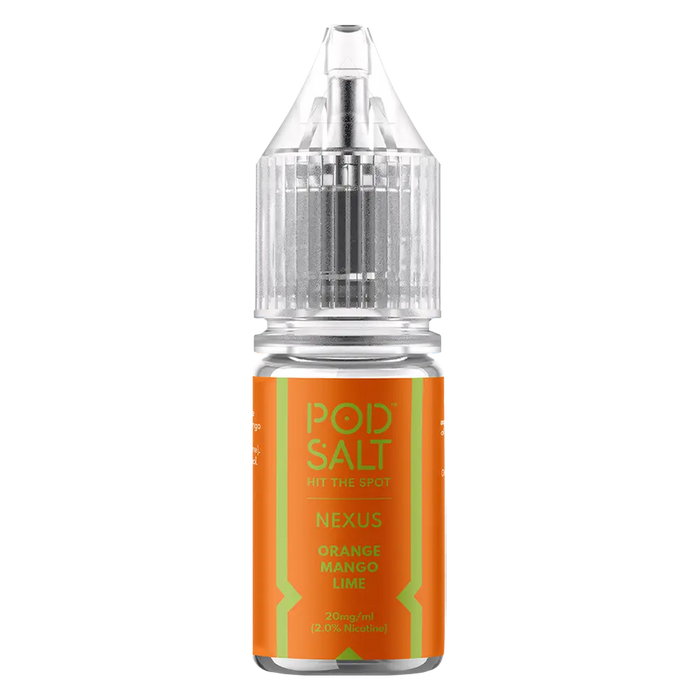 10 × Nexus Pod Salt Vape Juice Nic Salts 50/50 in Orange Mango Lime – a ten-bottle set of pre-mixed nic salt e‑liquids in 50/50 VG/PG ratio, featuring a smooth, all-day nicotine delivery.