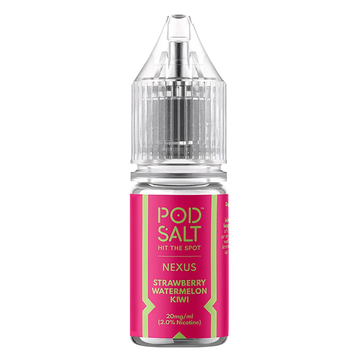 10 × Nexus Pod Salt Vape Juice Nic Salts 50/50 in Strawberry Watermelon Kiwi – a ten-bottle set of pre-mixed nic salt e‑liquids in 50/50 VG/PG ratio, featuring a smooth, all-day nicotine delivery.