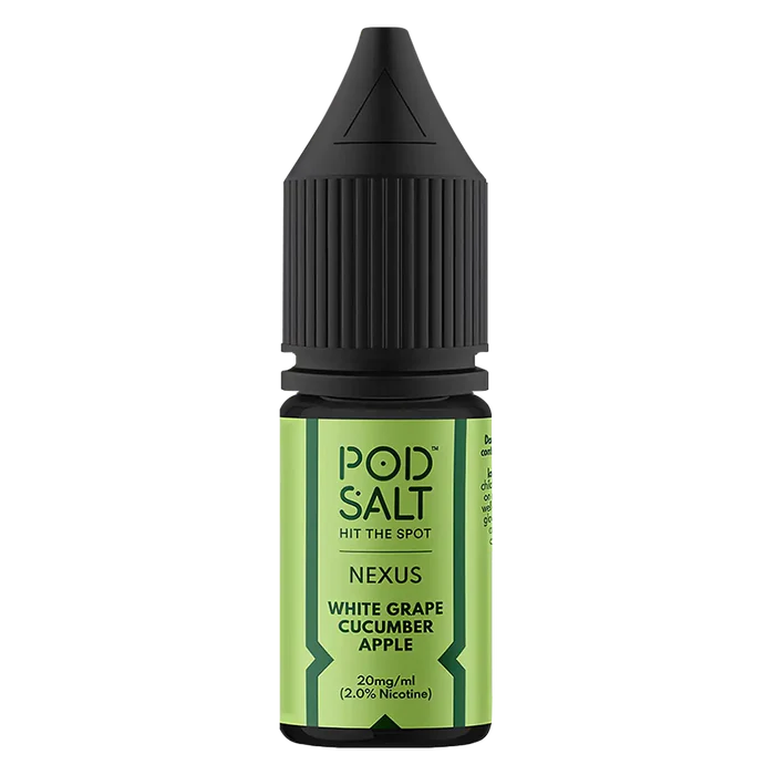 10 × Nexus Pod Salt Vape Juice Nic Salts 50/50 in White Grape Cucumber Apple – a ten-bottle set of pre-mixed nic salt e‑liquids in 50/50 VG/PG ratio, featuring a smooth, all-day nicotine delivery. 