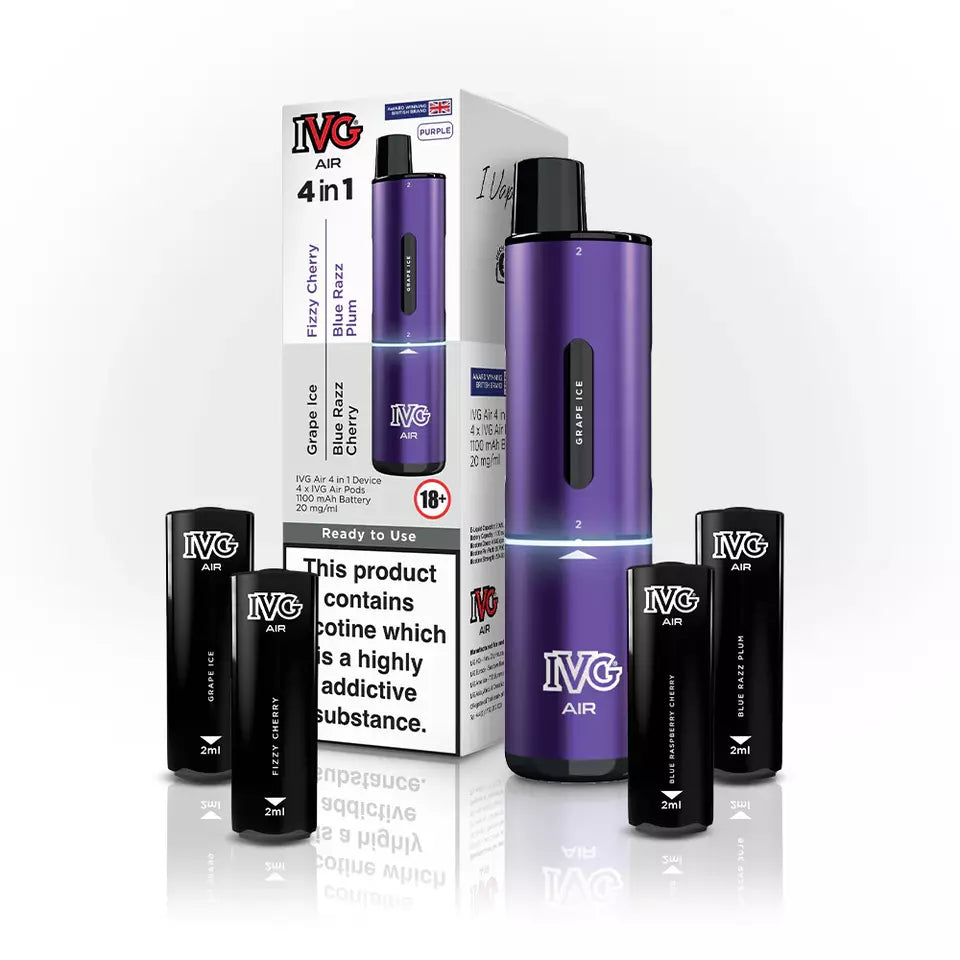 IVG 2400 AIR 4-in-1 starter kit disposable vape in Purple, featuring four interchangeable 2ml pods, up to 2400 puffs, compact ergonomic design, and easy draw-activation for a convenient all-in-one vaping experience.