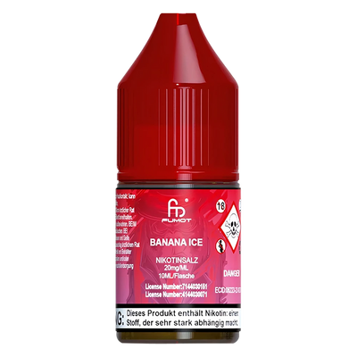 10ml bottle of R and M Tornado 7000 Nic Salt E-Liquid in Banana Ice flavor, combining sweet creamy banana with an icy menthol finish; formulated for smooth nicotine delivery, perfect for pod systems and mouth-to-lung vaping.