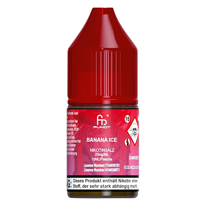 10ml bottle of R and M Tornado 7000 Nic Salt E-Liquid in Banana Ice flavor, combining sweet creamy banana with an icy menthol finish; formulated for smooth nicotine delivery, perfect for pod systems and mouth-to-lung vaping.