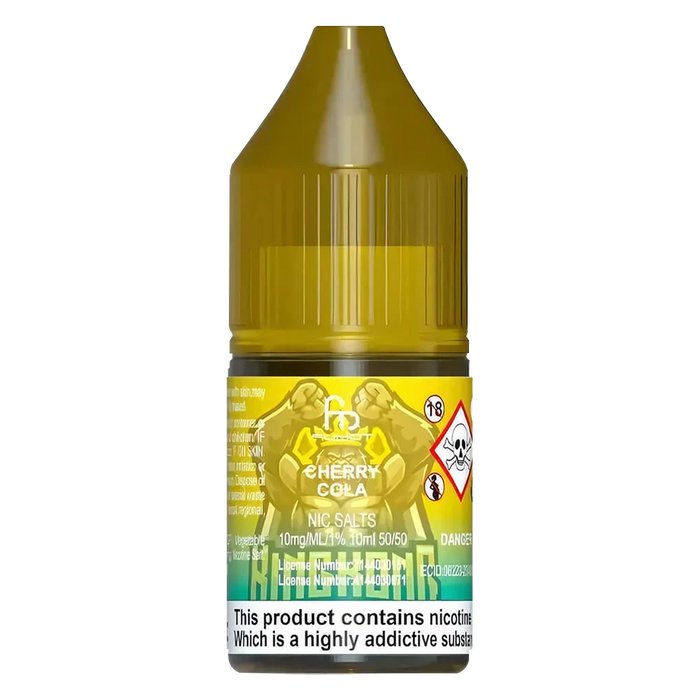 10ml bottle of R and M Tornado 7000 Nic Salt E-Liquid in Cherry Cola flavor, formulated for smooth nicotine delivery, perfect for pod systems and mouth-to-lung vaping.
